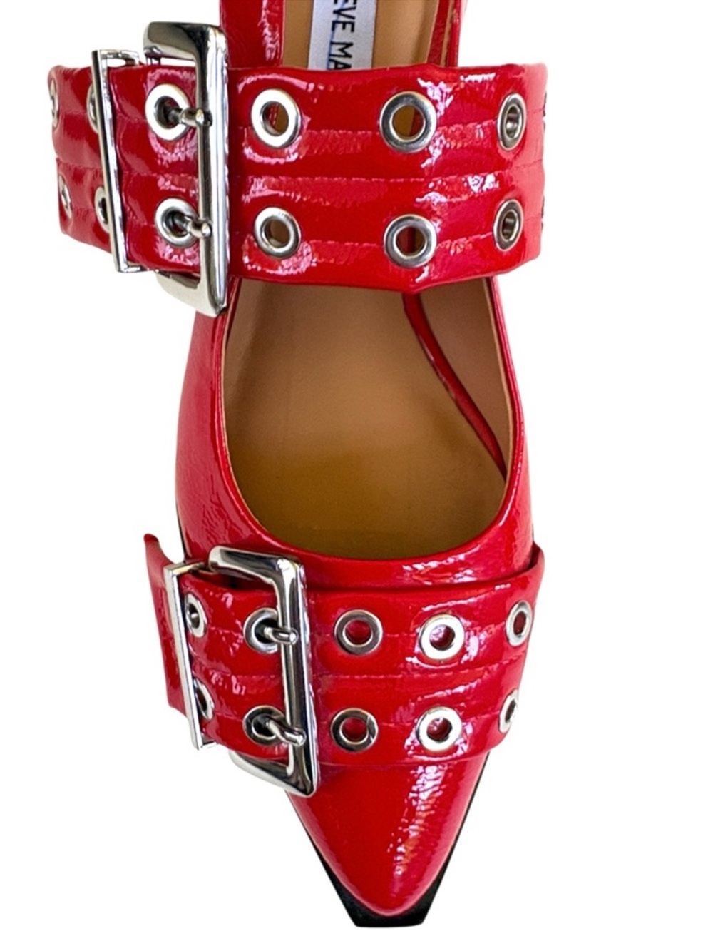 EUC Steve Madden Graya Slingback Grommet Flats Red Silver Size 7.5 Retail $120 - Picture 3 of 9